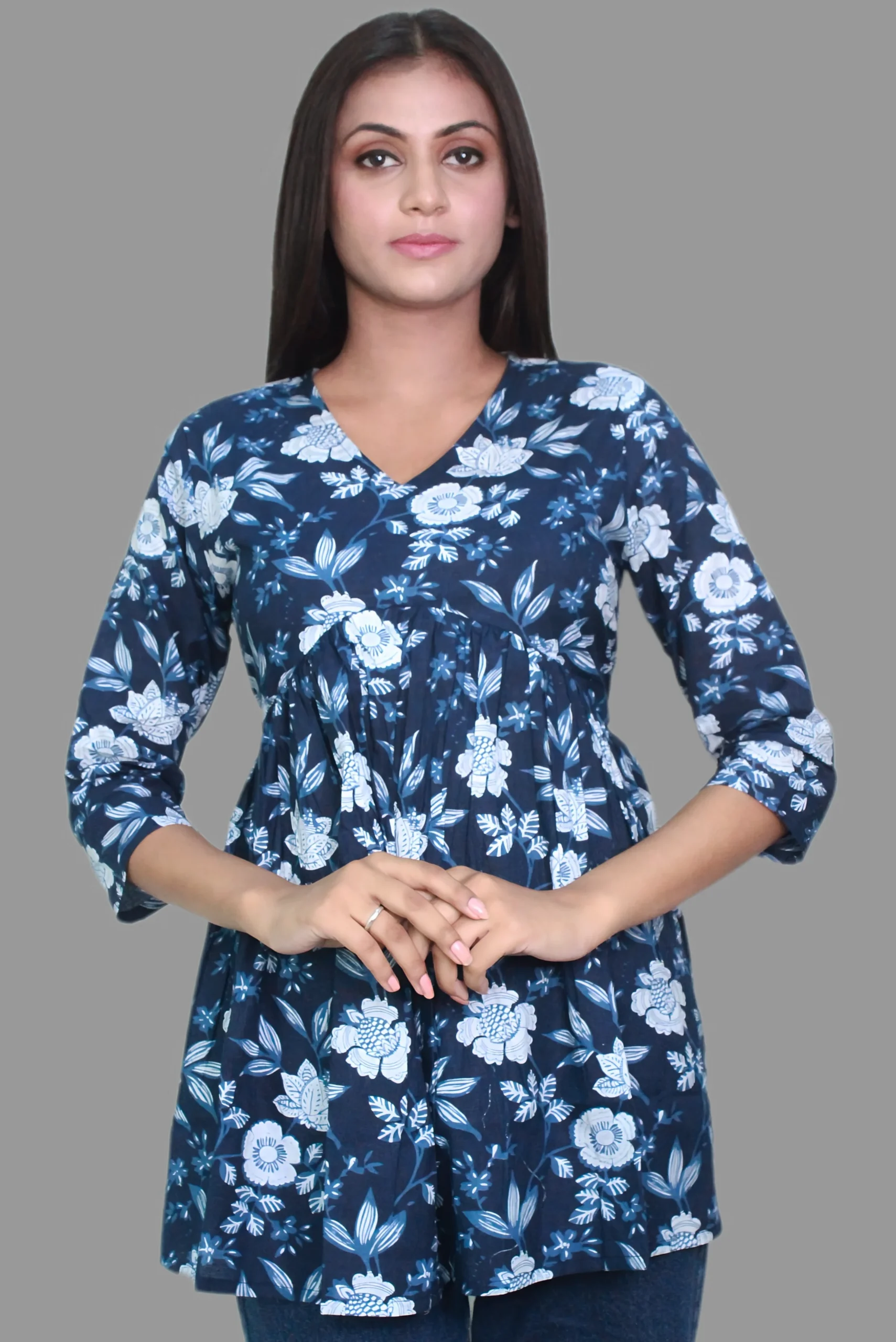 Navy Blue White Light Blue Flower Short Kurti