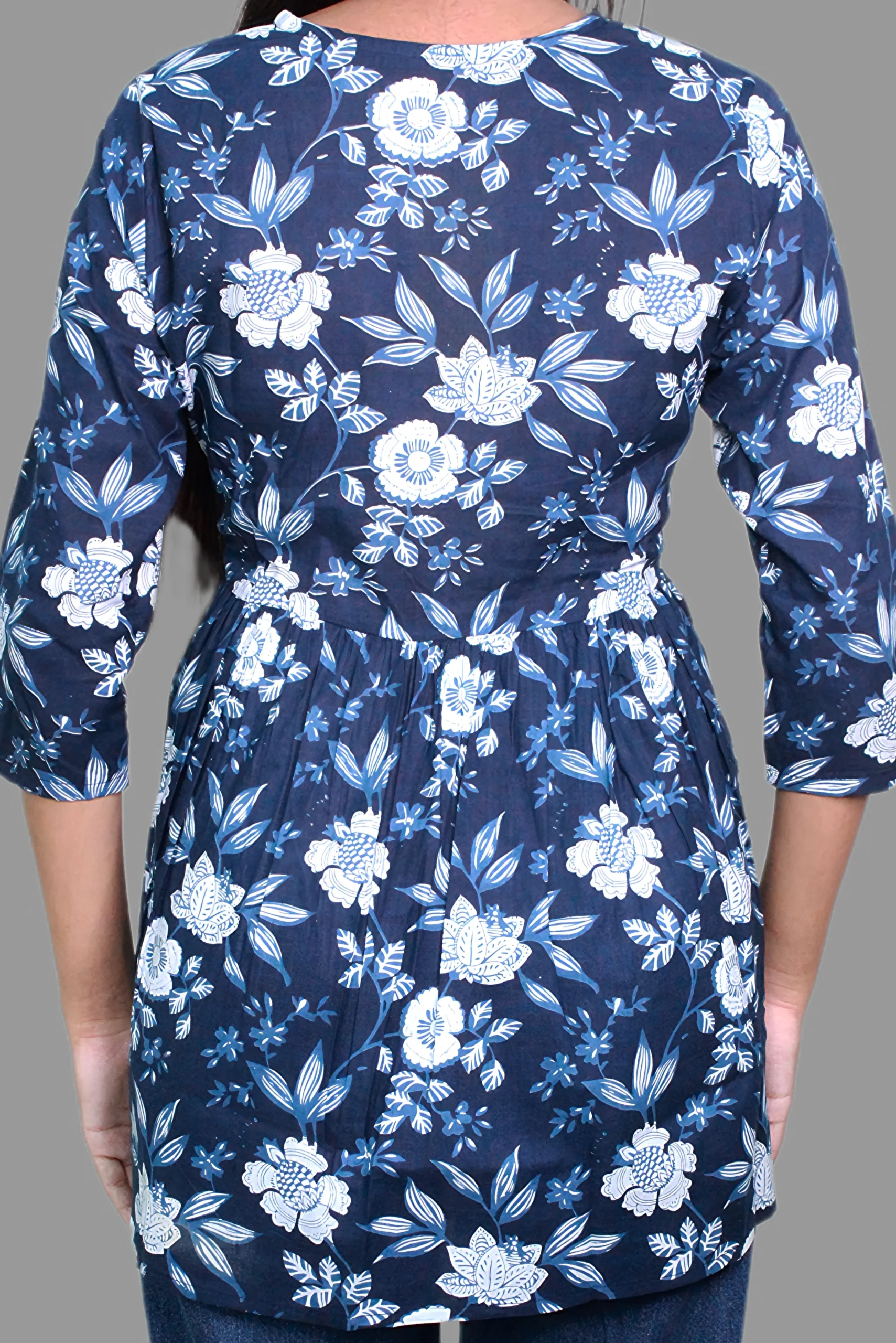 Navy Blue White Light Blue Flower Short Kurti - Image 2