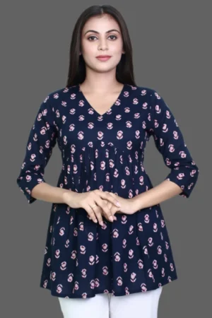 Navy Blue white Pink Flower Short Kurti