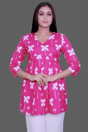 Pink White Flower Short Kurti