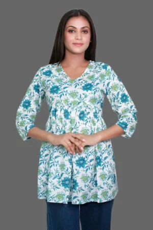 White Green Blue Flower Short Kurti