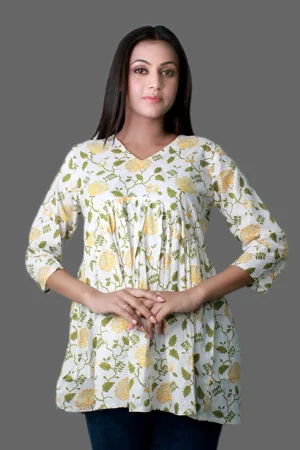 White Green Yellow Flower Short Kurti